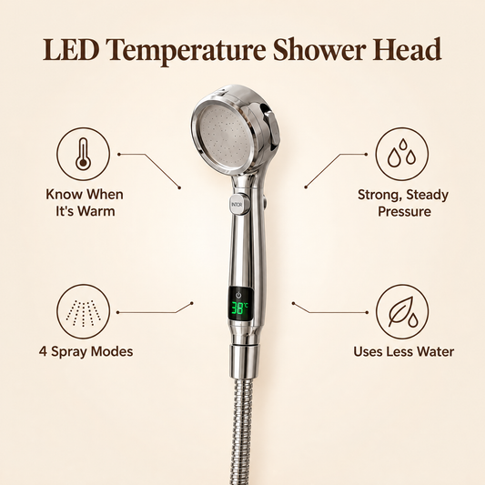 LED temperature display shower head benefits: know when it's warm, strong steady pressure, 4 spray modes, uses less water