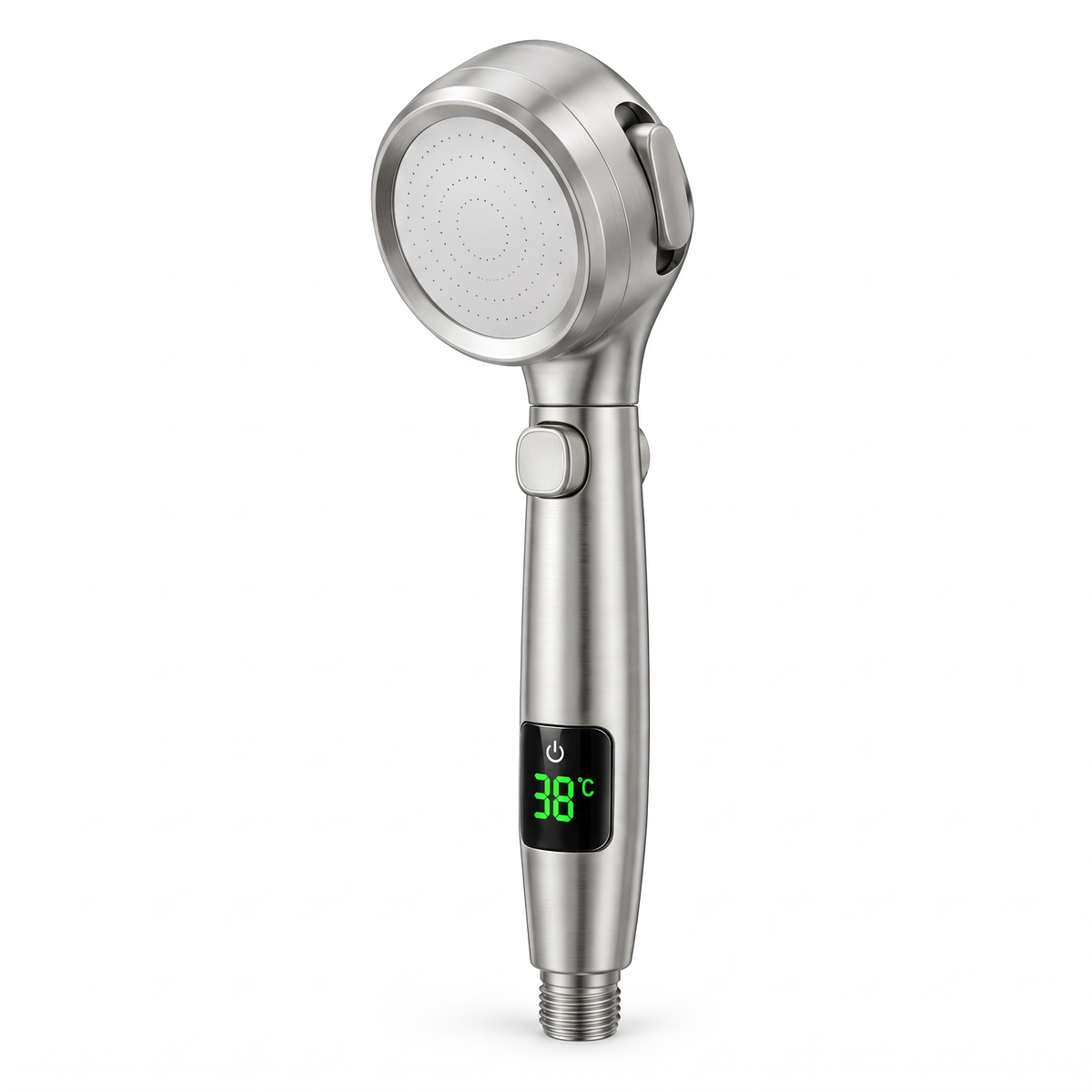 LED temperature display shower head in Silver on a white background