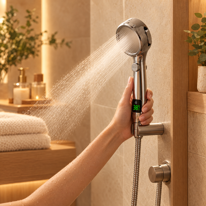 LED temperature display shower head in use in a warm bathroom