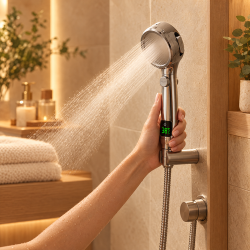 LED temperature display shower head in use in a warm bathroom