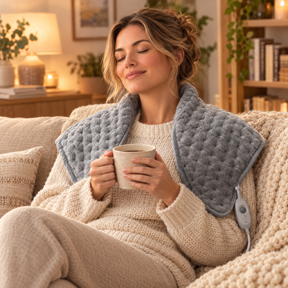 Electric heating pad draped over the shoulders on a cosy sofa