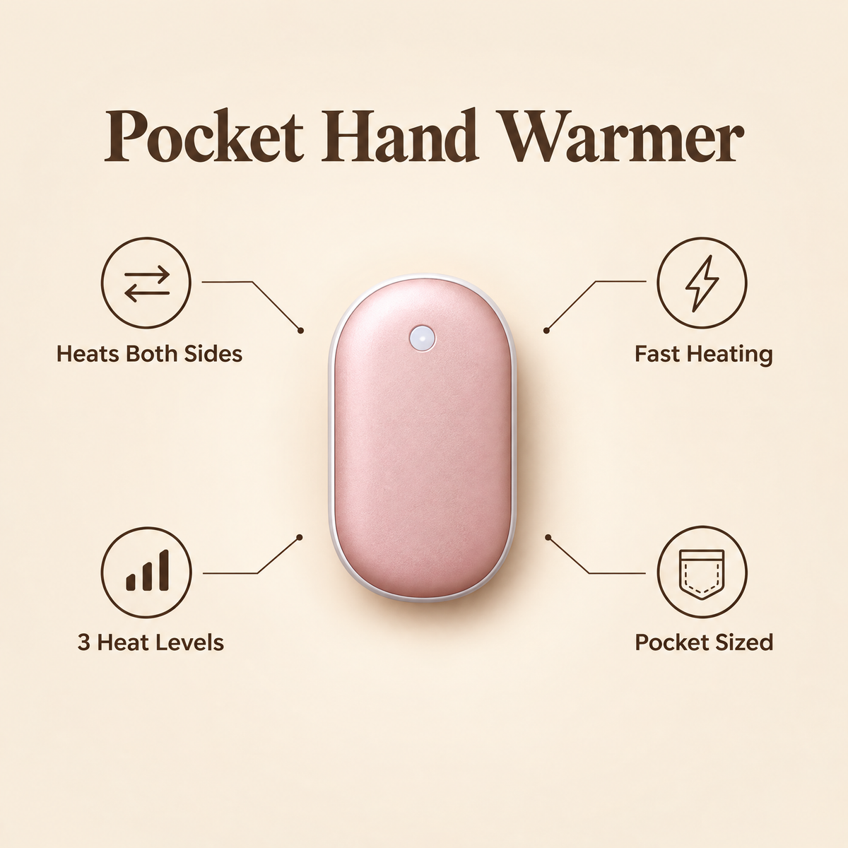 Pocket hand warmer benefits: heats both sides, fast heating, 3 heat levels, pocket sized