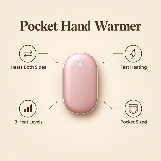 Pocket hand warmer benefits: heats both sides, fast heating, 3 heat levels, pocket sized