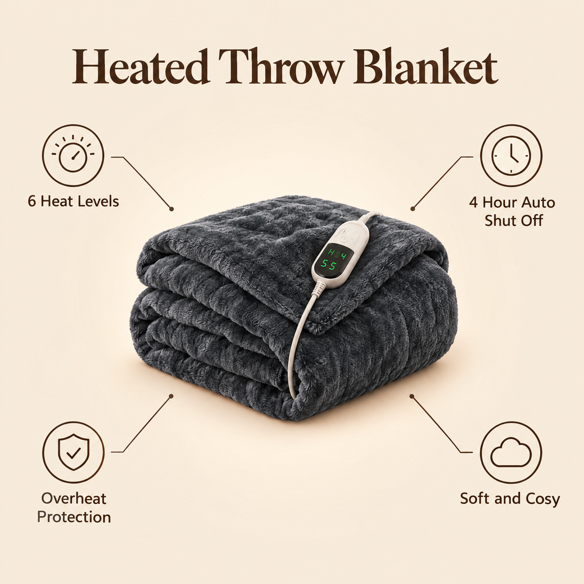 Heated throw blanket benefits: 6 heat levels, 4 hour auto shut off, overheat protection, soft and cosy