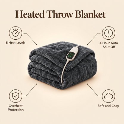 Heated throw blanket benefits: 6 heat levels, 4 hour auto shut off, overheat protection, soft and cosy