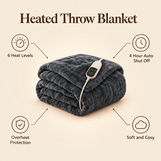 Heated throw blanket benefits: 6 heat levels, 4 hour auto shut off, overheat protection, soft and cosy