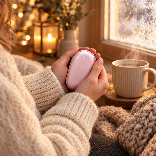 Pocket hand warmer held in cosy knit sleeves by a frosty window