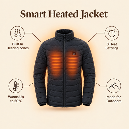 Smart heated jacket benefits: built in heating zones, 3 heat settings, warms up to 50°C, made for outdoors