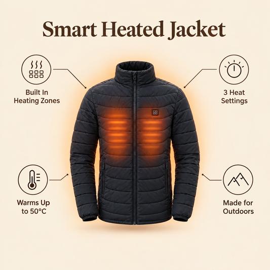 Smart heated jacket benefits: built in heating zones, 3 heat settings, warms up to 50°C, made for outdoors