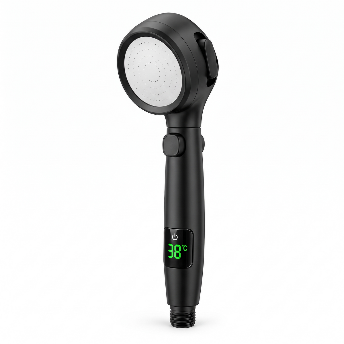 LED temperature display shower head in Black on a white background