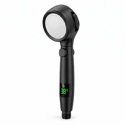LED temperature display shower head in Black on a white background