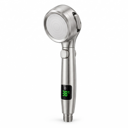LED temperature display shower head in Silver on a white background