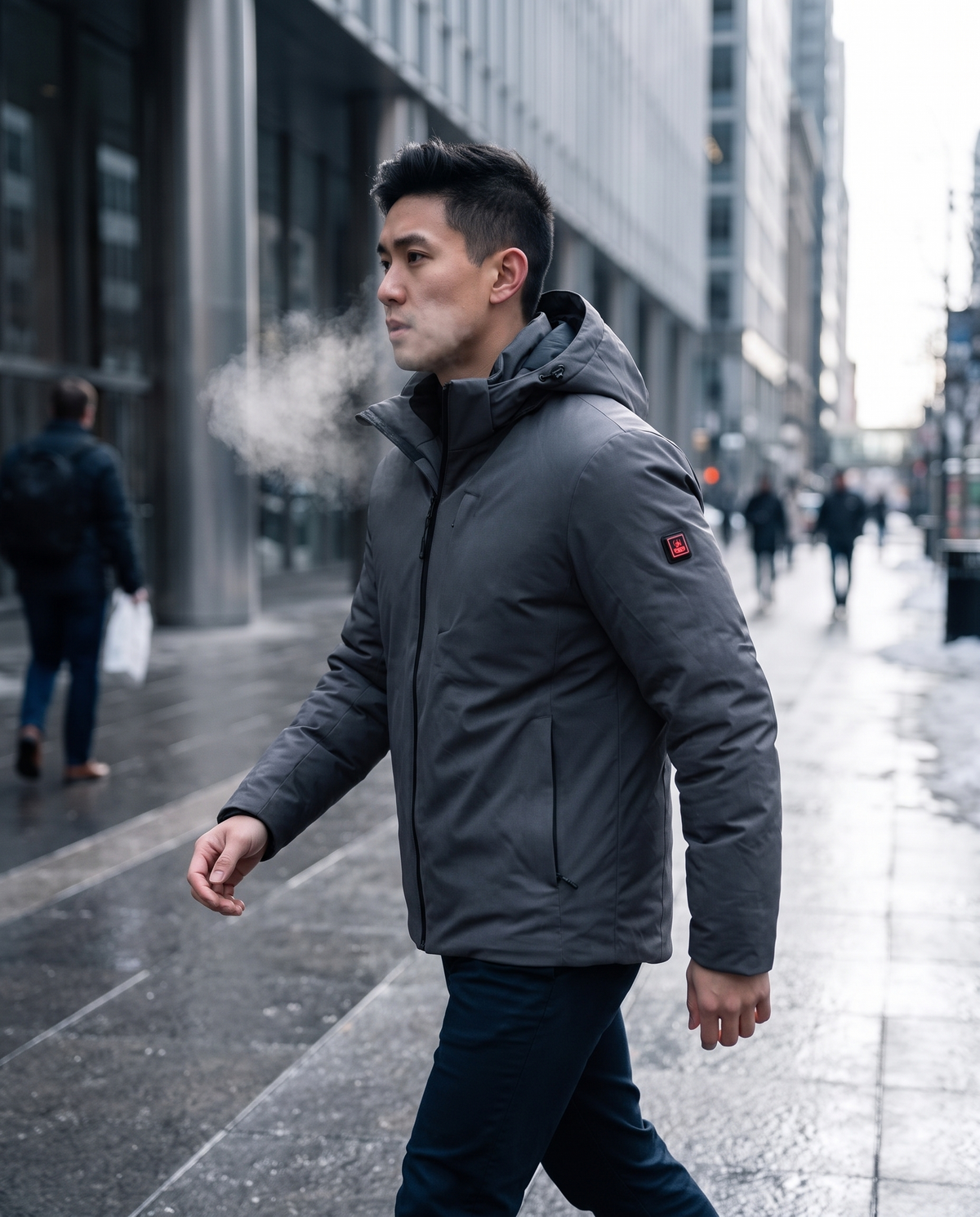 Heated jacket on a cold city morning