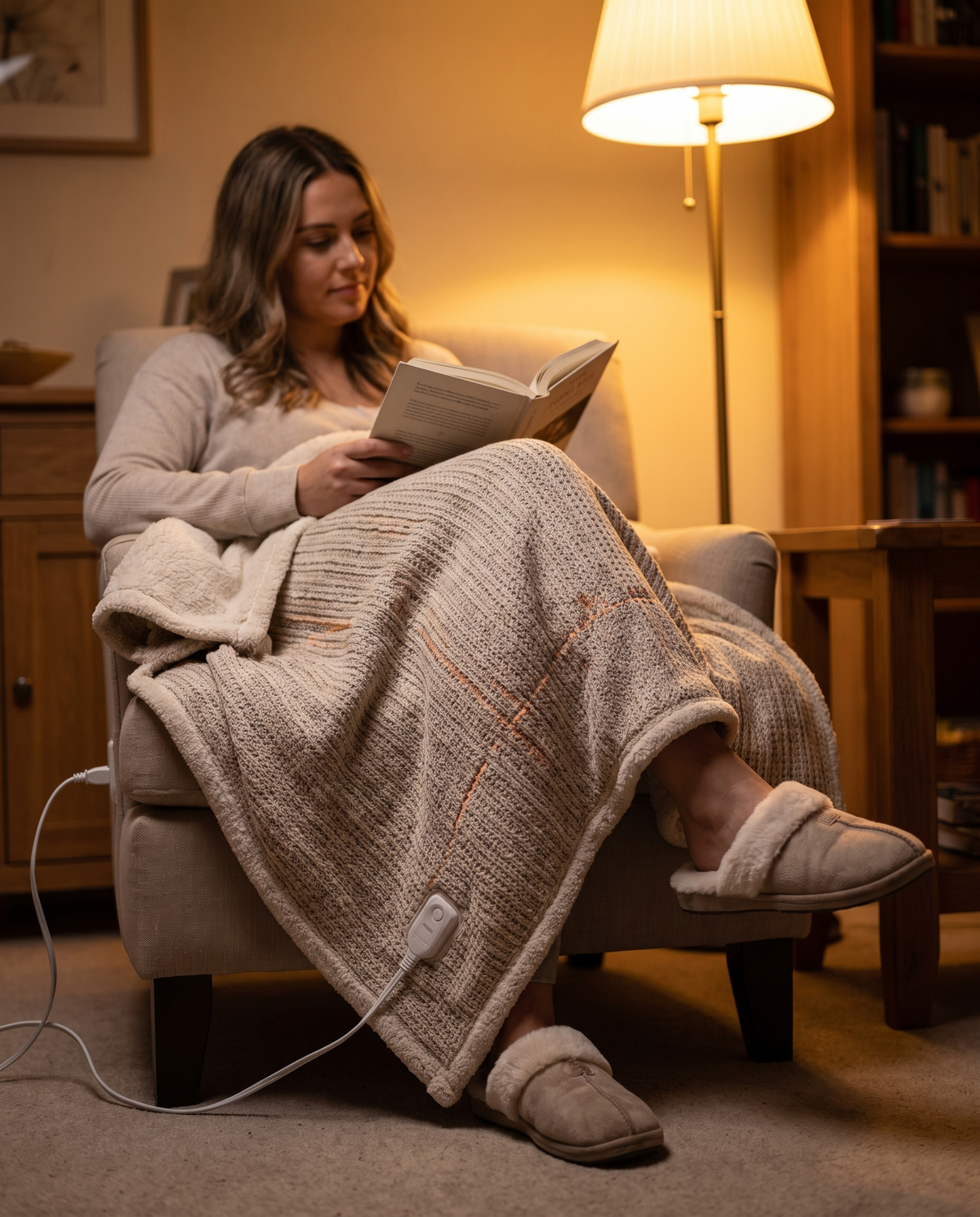 Reading under a heated throw blanket