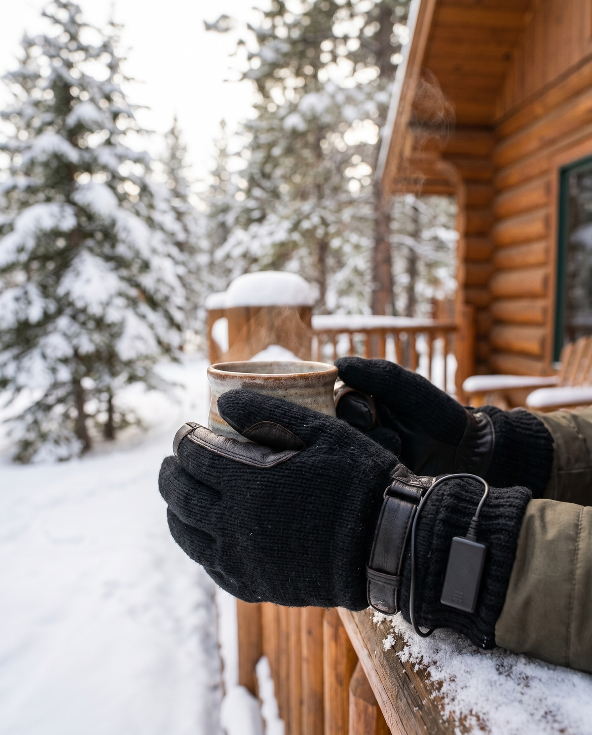 Heated gloves holding a warm mug
