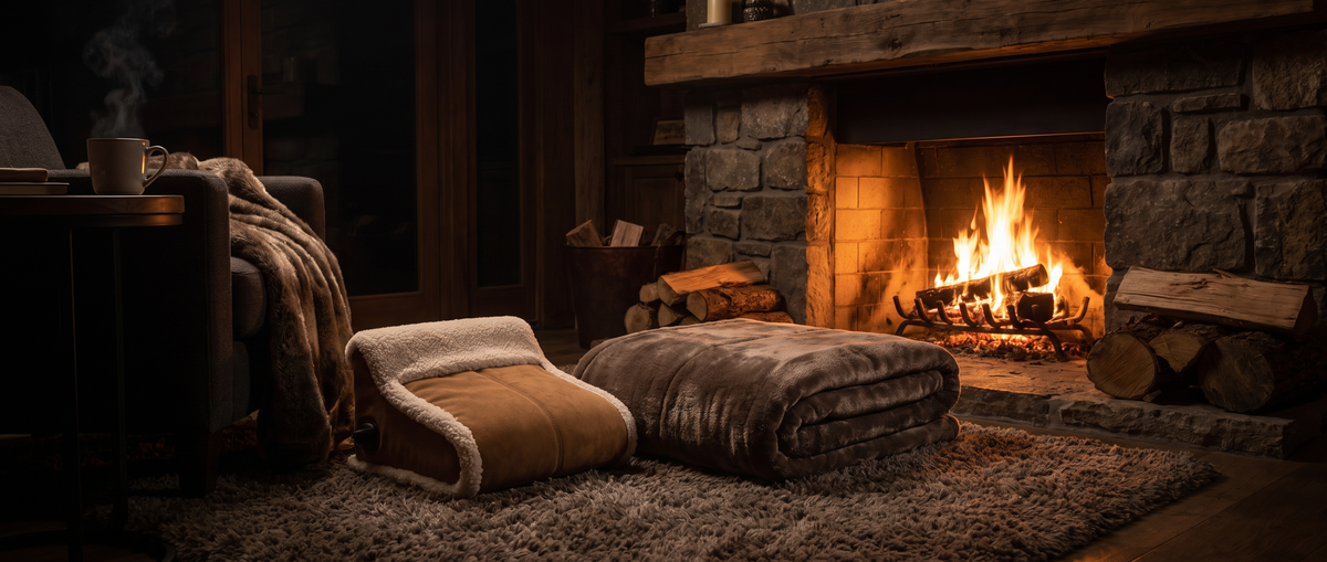 Heated blanket by the fireplace