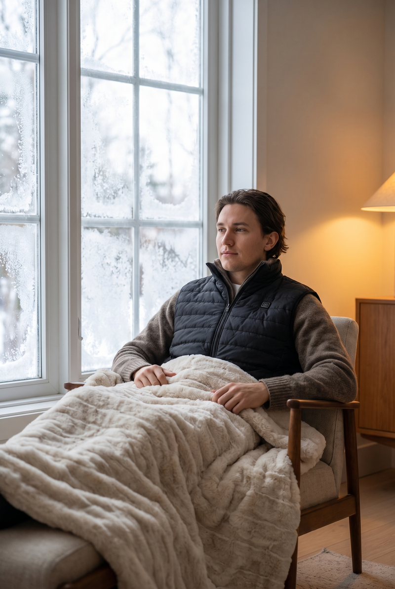Relaxing in a heated blanket by the window